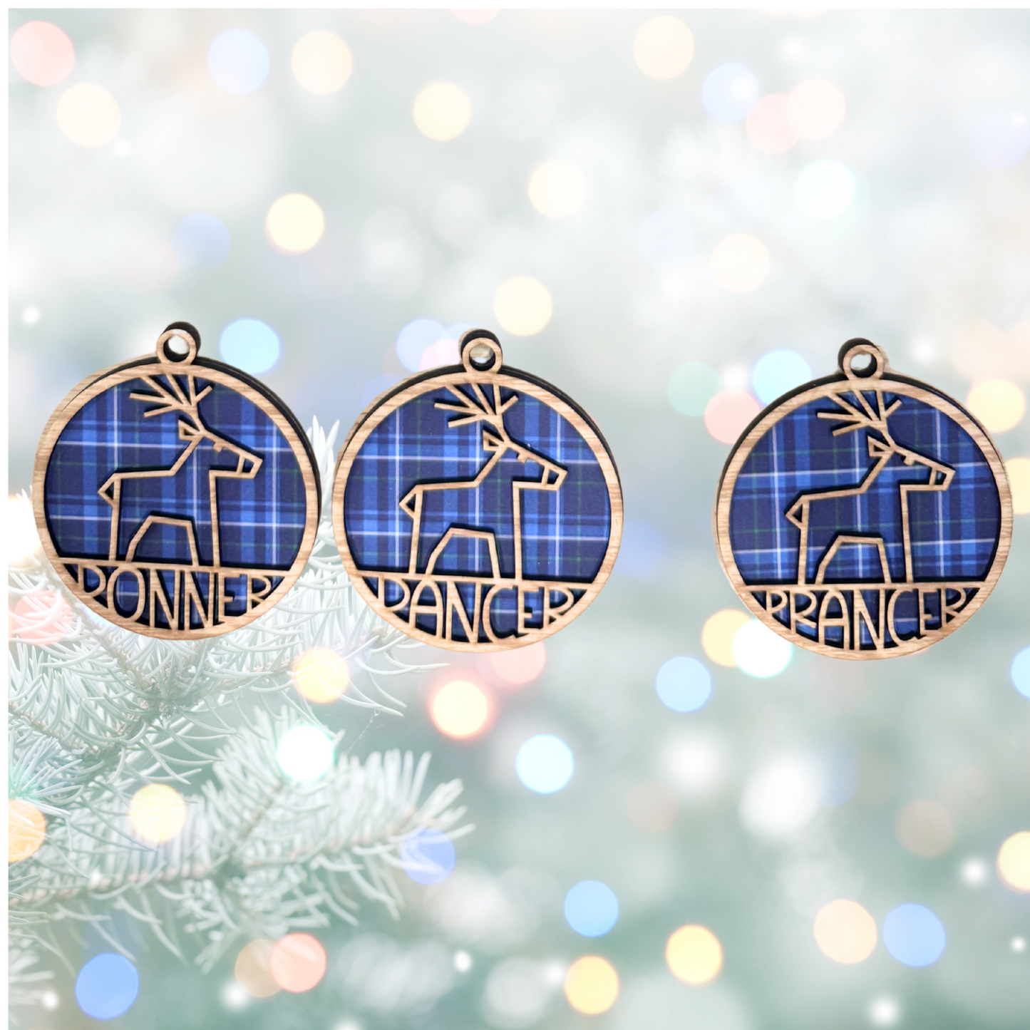 Personalized Tartain Plaid Wooden Ornament:  Reindeer Rudolph , Custom Name, 2025 Ornament