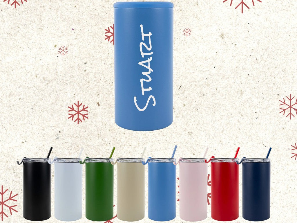Blue tumbler with engraved name on a textured background with snowflake patterns.