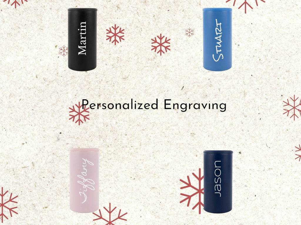 Four tumblers with personalized engravings on a textured background with snowflake patterns.