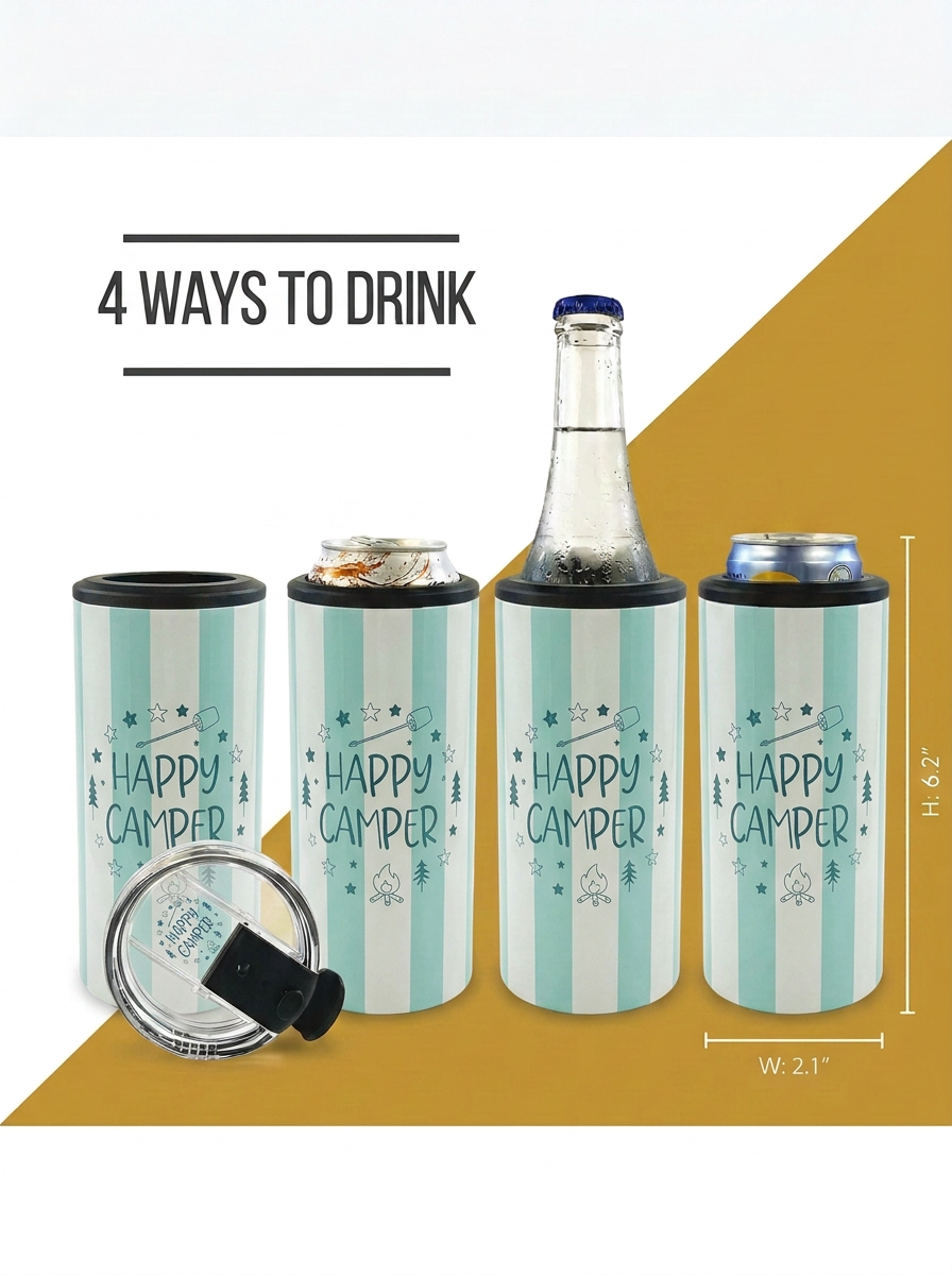 Happy Camper 4-in-1 Insulated Can Cooler Tumbler – Fits Cans, Bottles & Skinny Cans
