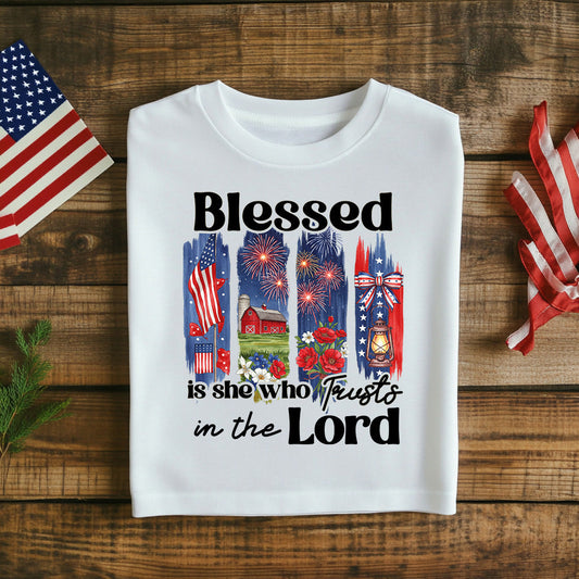 Fourth of July T-Shirt Blessed is She Rustic Patriotic Barn & Fireworks Faith Tee Independence Day Tee