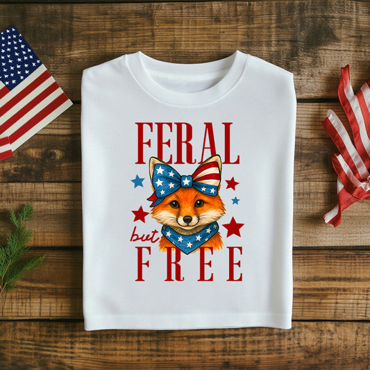 Fourth of July T-Shirt Patriotic Fox Graphic Tee Feral But Free Stars Independence Day Shirt Celebrate USA