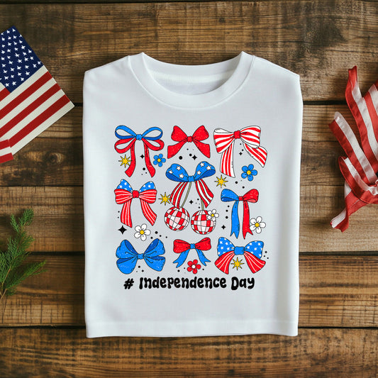Fourth of July Patriotic Bow Set & Independence Day T-Shirt – Red White Blue Graphic Tee for 4th of July Celebration