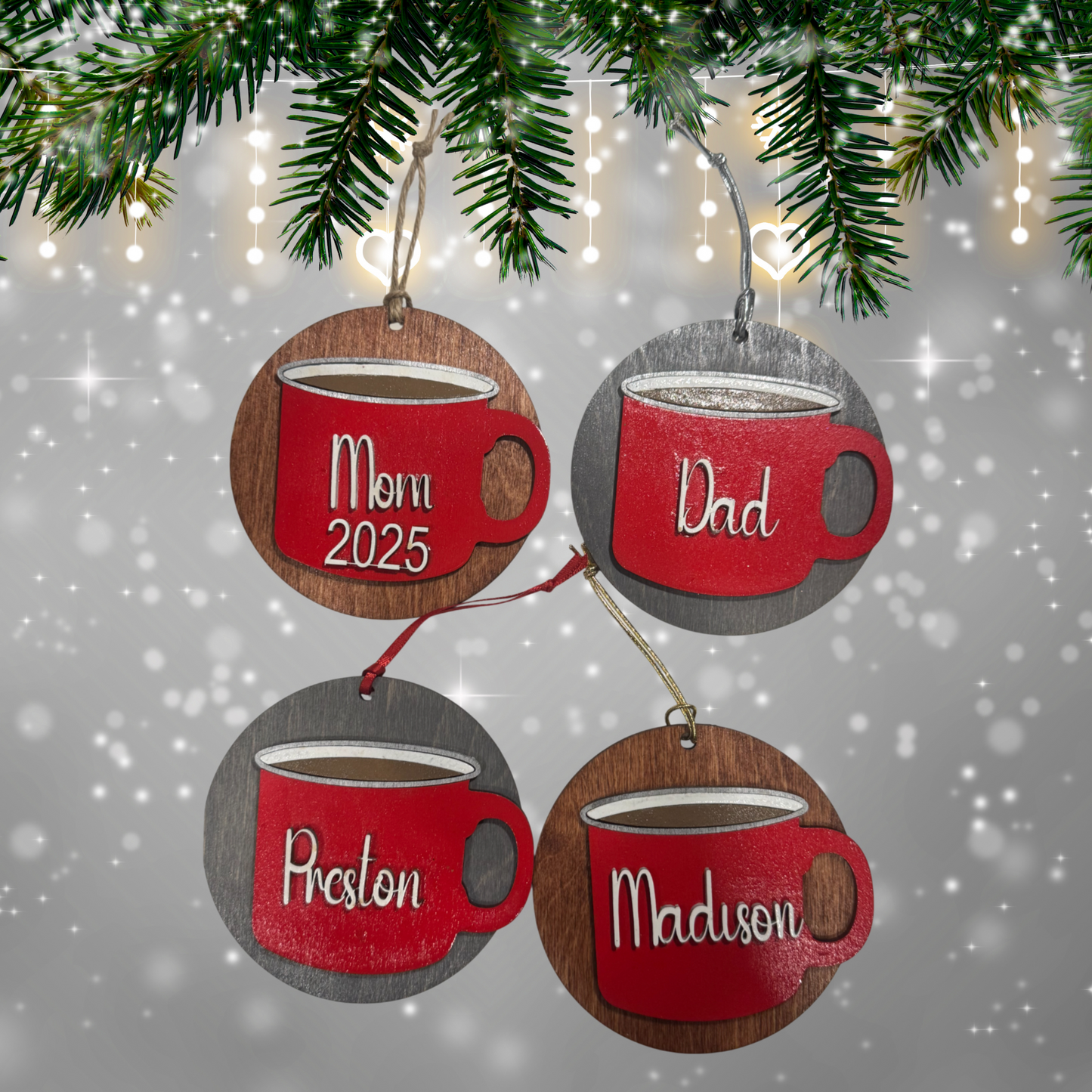 Personalized Wooden Ornament:  Christmas Mug, Laser Cut, Custom Name, Year