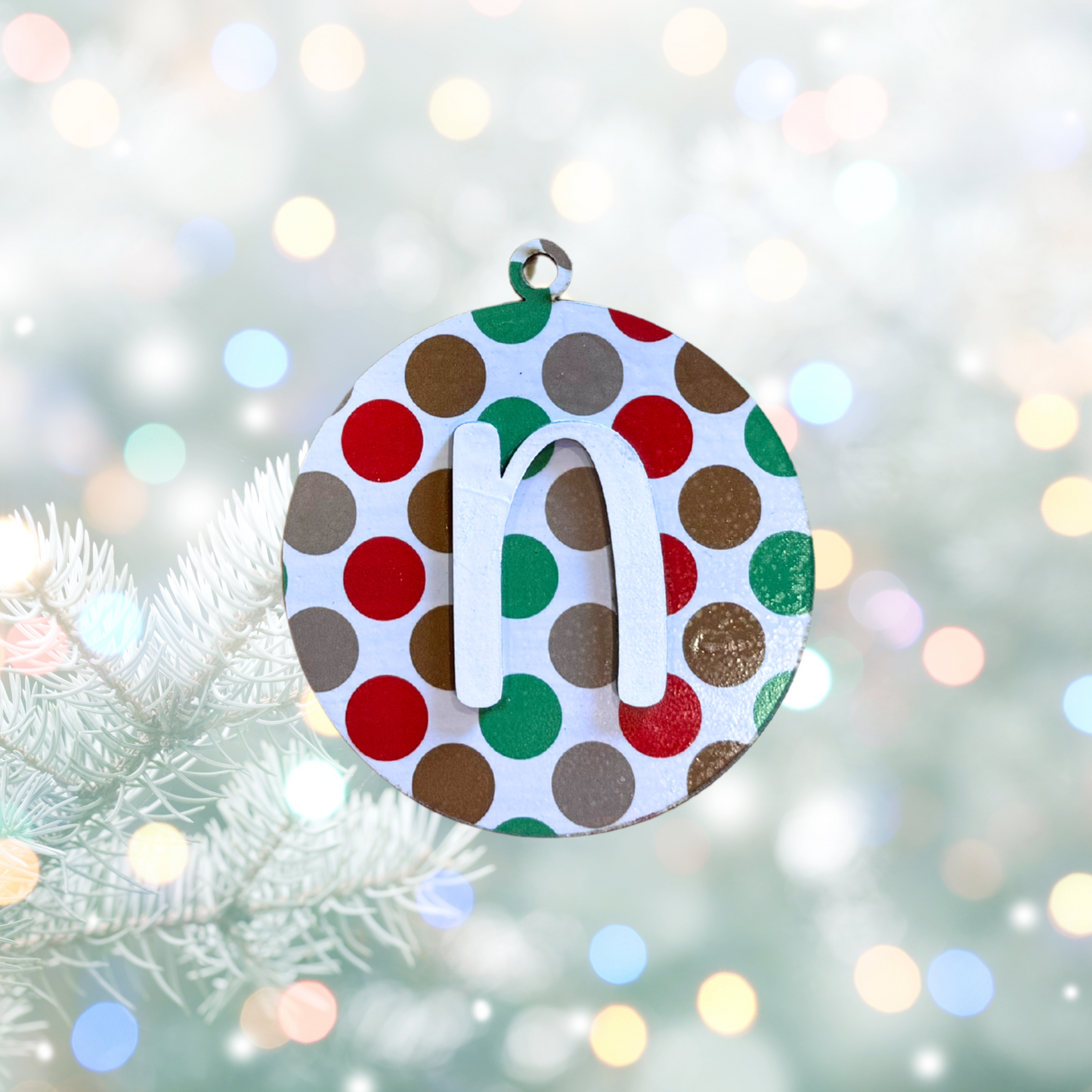 Christmas Polka Dot Round  Bell Wood Ornament:  Personalized Family, Custom Name, 2025 Ornament Personalizable Initial