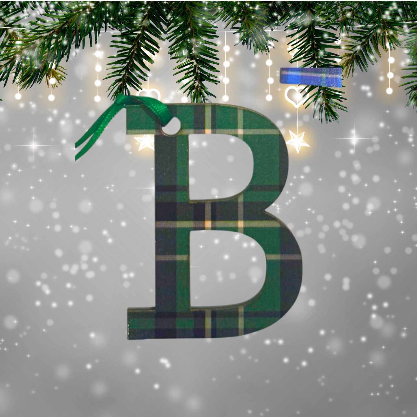 Personalized Wood Ornament:  Tartan Plaid, Laser Cut, Custom Letter, Family Ornament, Engraved