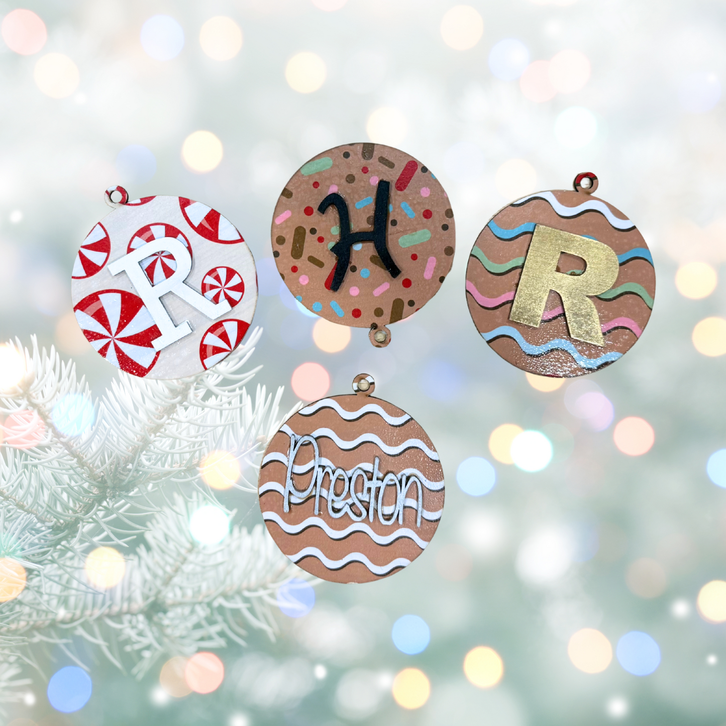 Christmas Round Wood Ornament:  Personalized Candy Family, Custom Name, 2025 Ornament