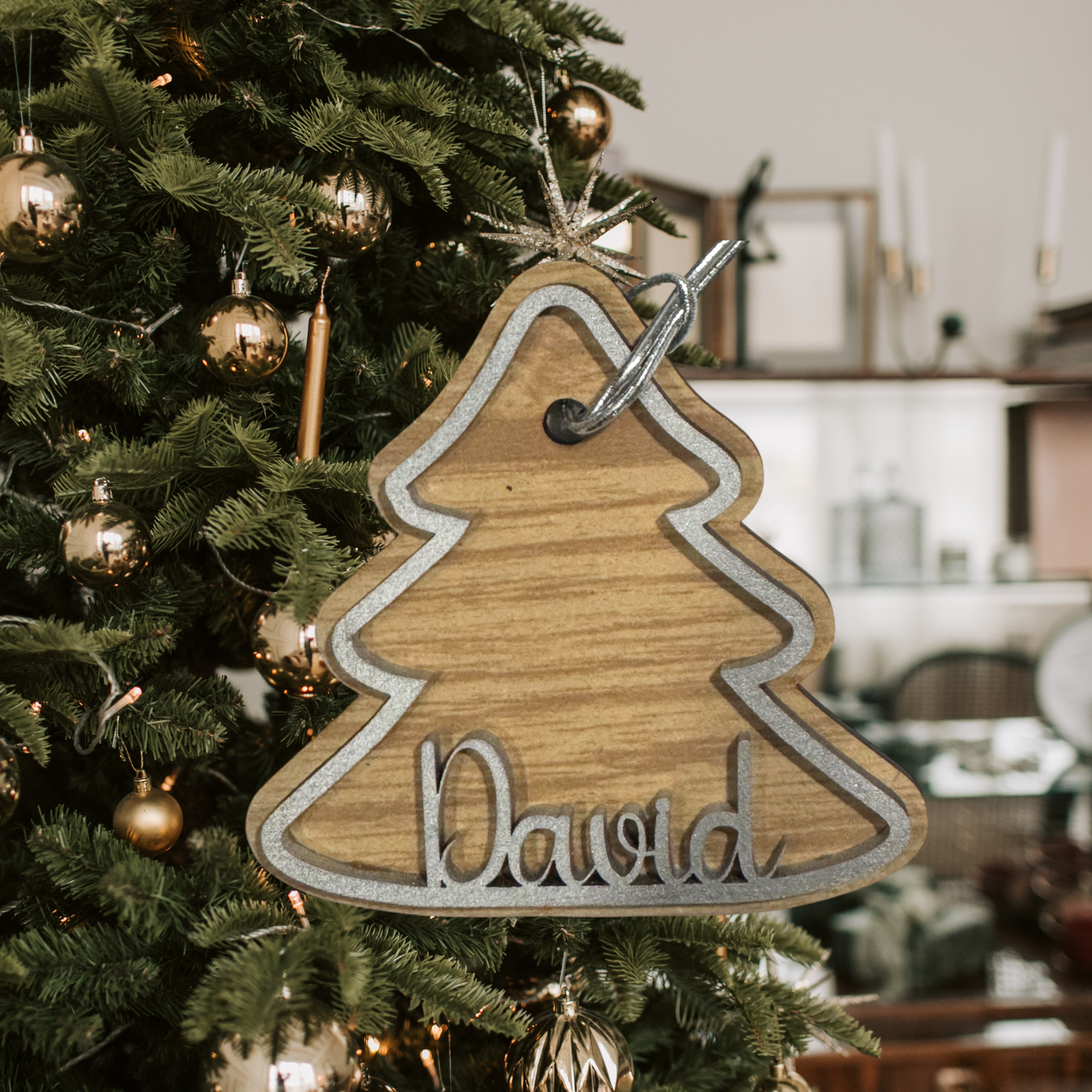 Personalized Wooden Ornament:  Christmas Tree, Laser Cut, Custom Name, Family Ornament