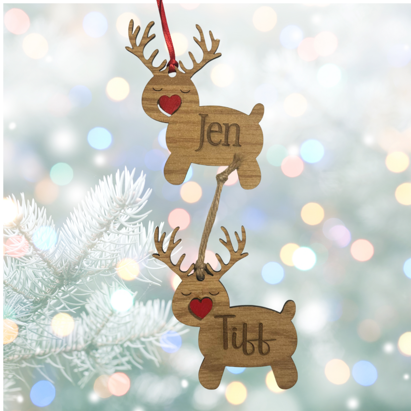 Christmas Reindeer Heart Wood Ornament:  Personalized Family, Custom Name, 2025 Ornament