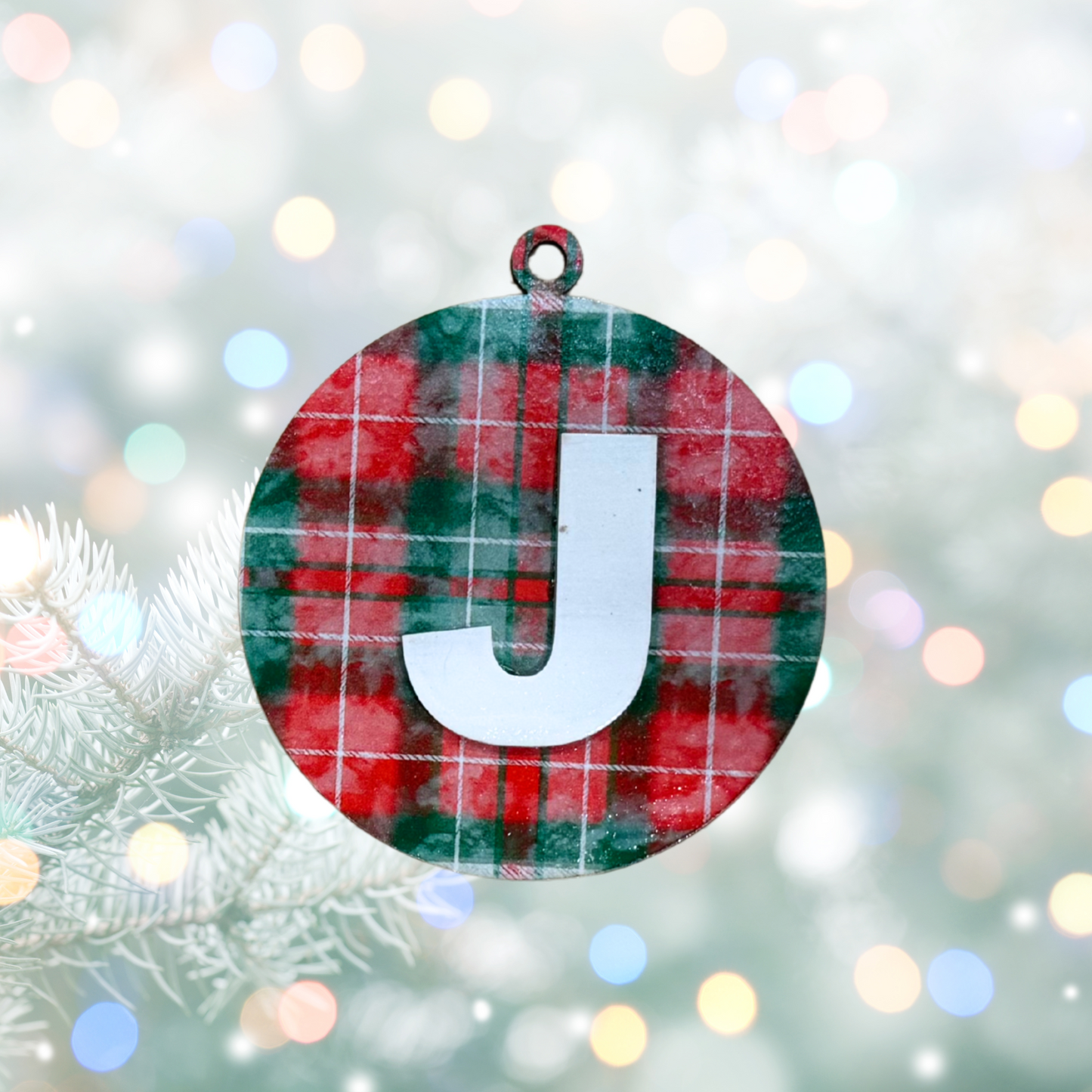 Christmas Plaid Round  Bell Wood Ornament:  Personalized Family, Custom Name, 2025 Ornament Personalizable Initial