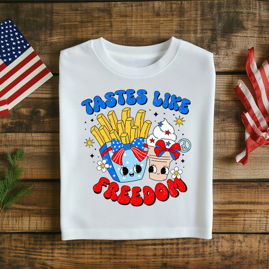 Fourth of July Tastes Like Freedom T-Shirt - Fun Patriotic Fries & Ice Cream Graphic Tee for 4th of July Celebration