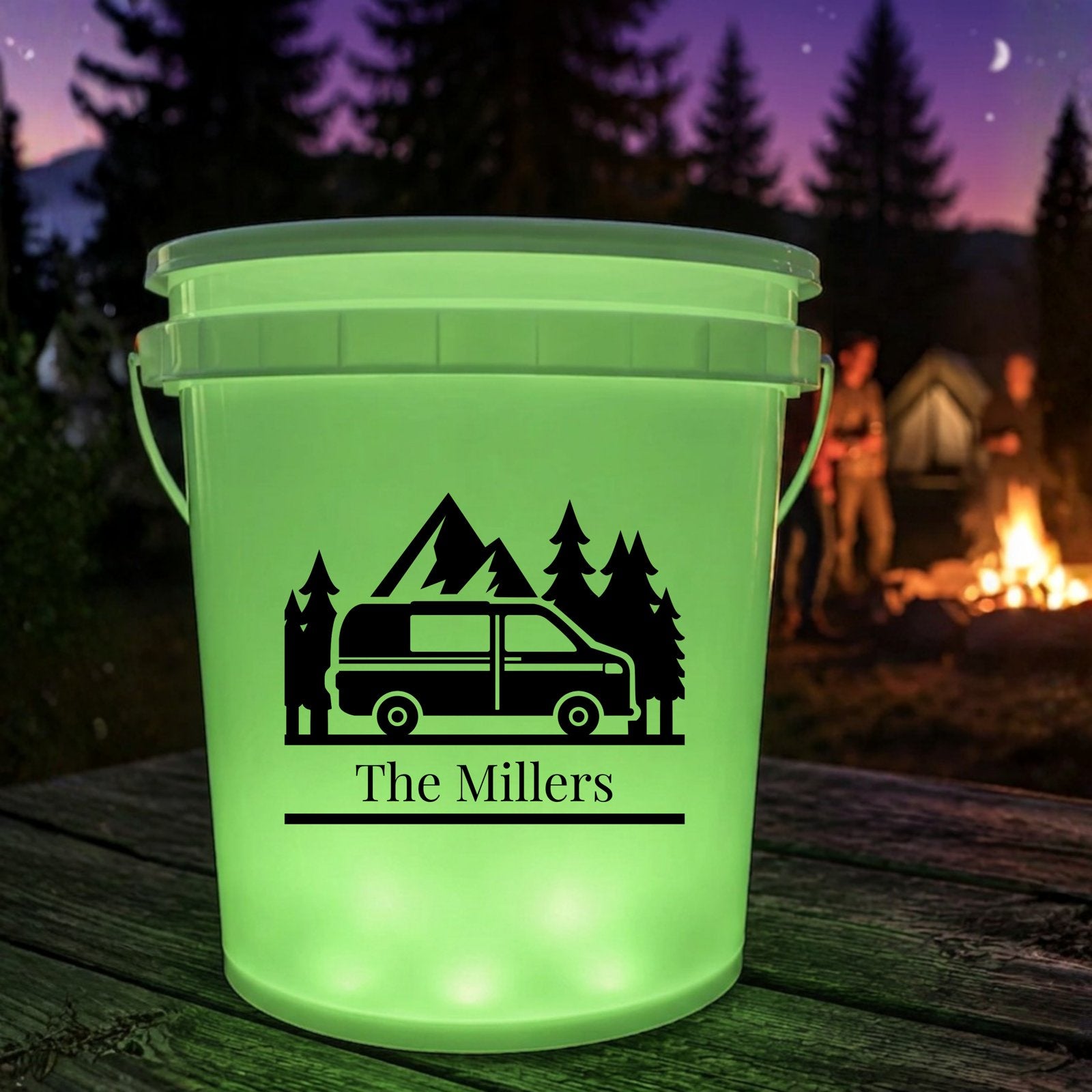 Personalized camper decal on outdoor bucket