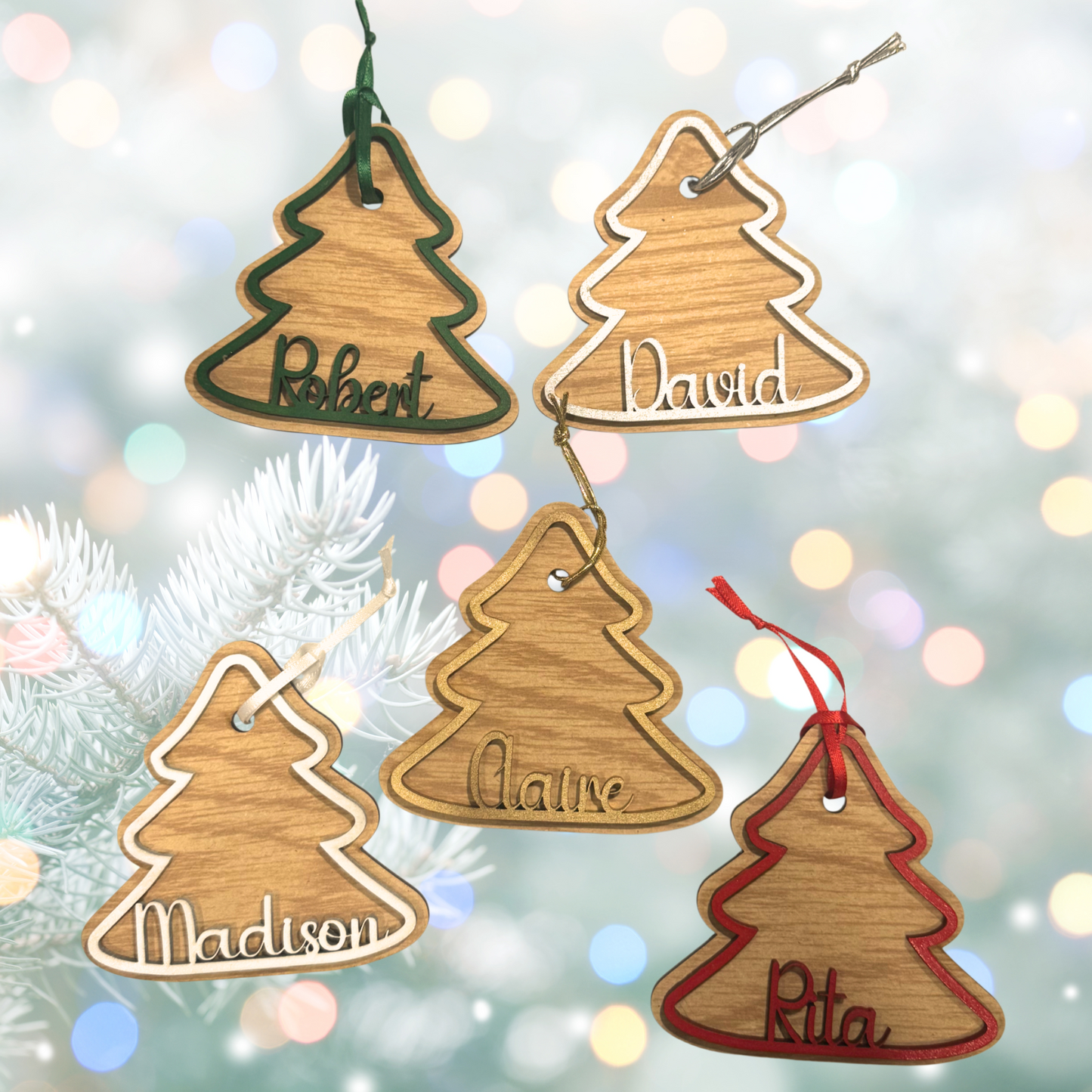 Personalized Wooden Ornament:  Christmas Tree, Laser Cut, Custom Name, Family Ornament