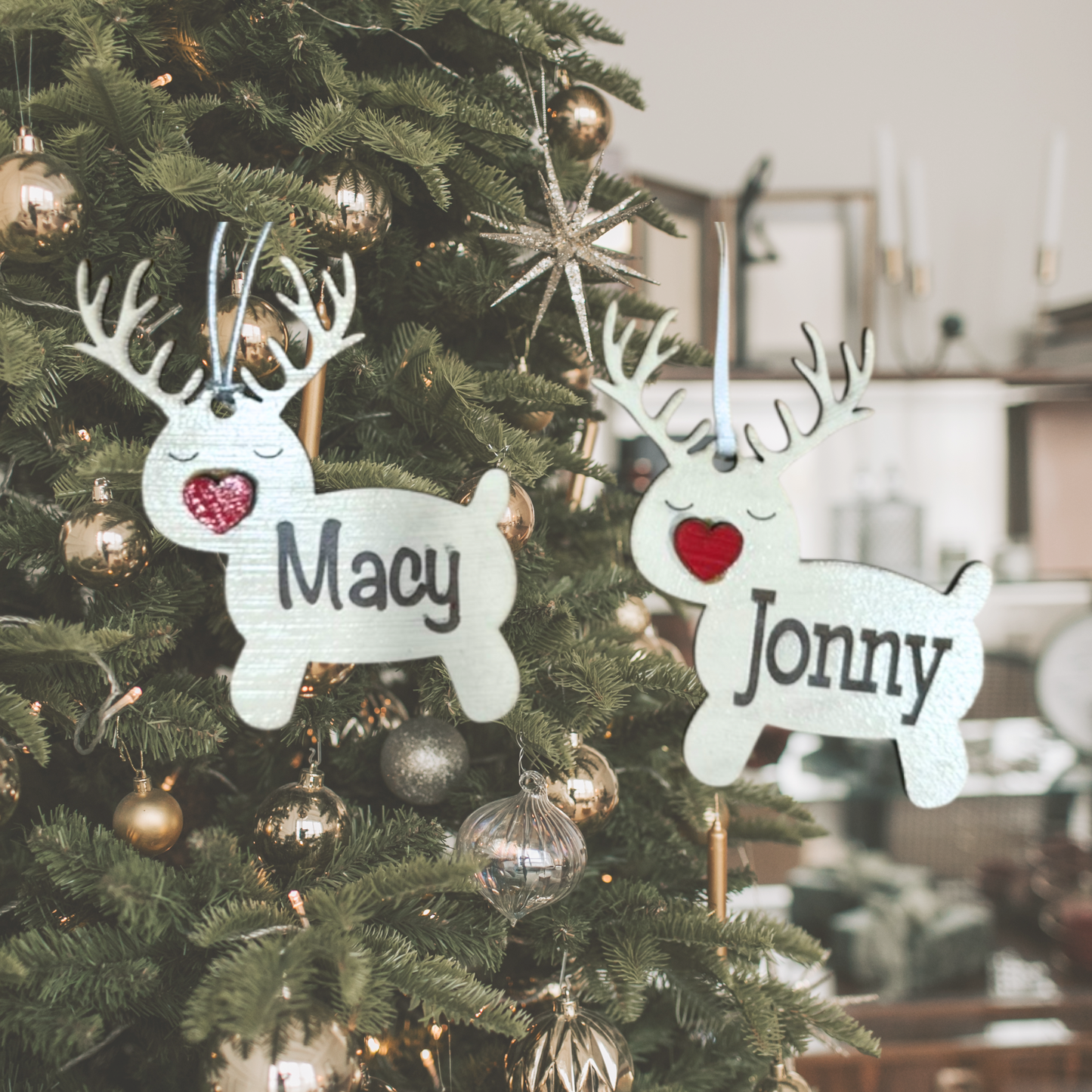 Christmas Reindeer Heart Wood Ornament:  Personalized Family, Custom Name, 2025 Ornament