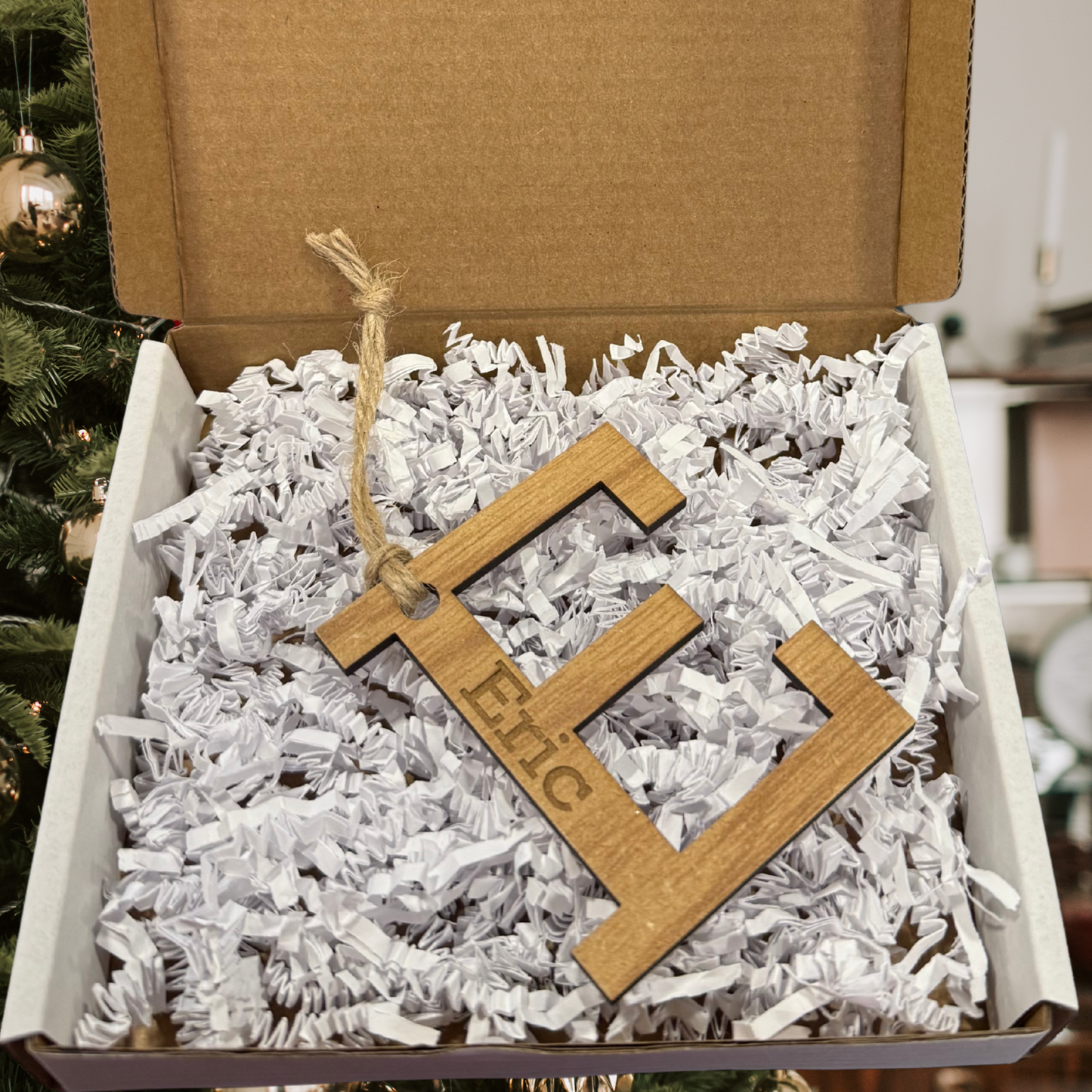 Personalized Wood Ornament:  Tartan Plaid, Laser Cut, Custom Letter, Family Ornament, Engraved