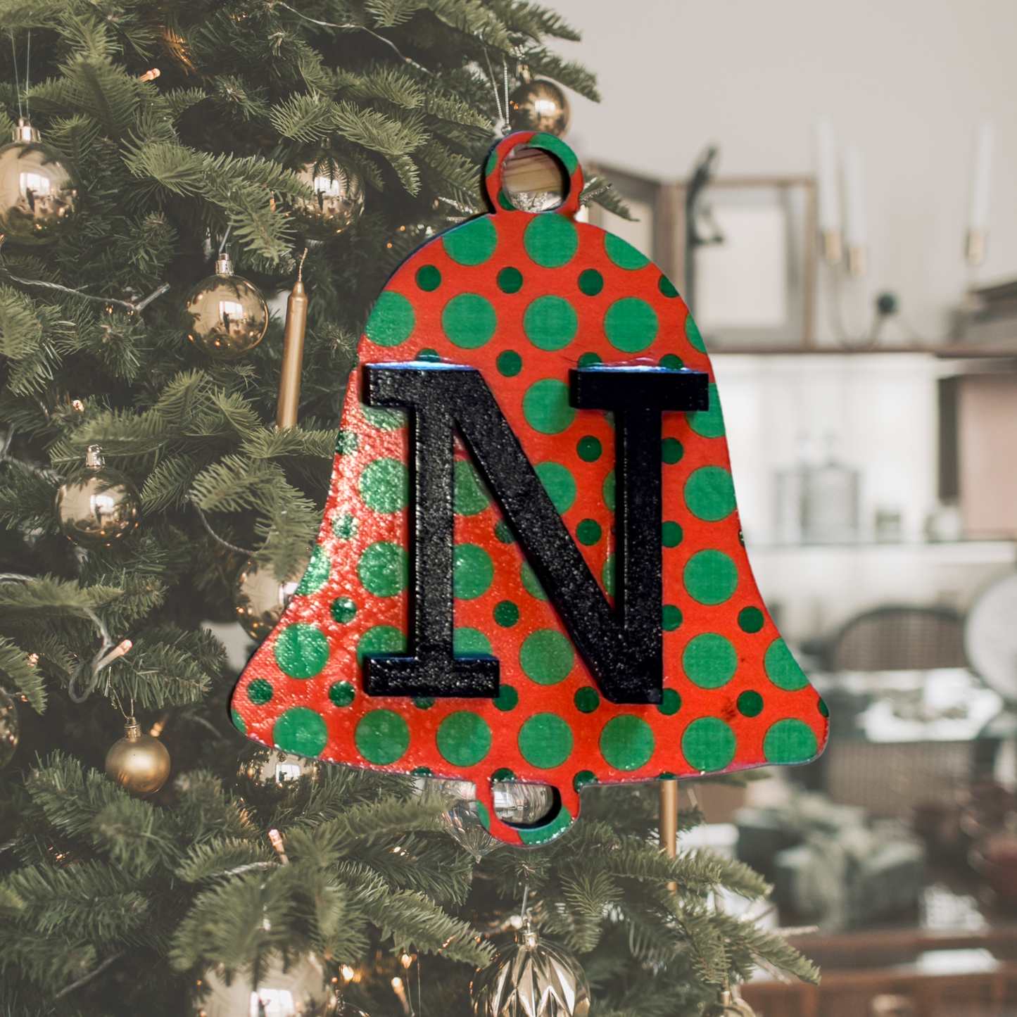 Christmas Polka Dot Round  Bell Wood Ornament:  Personalized Family, Custom Name, 2025 Ornament Personalizable Initial