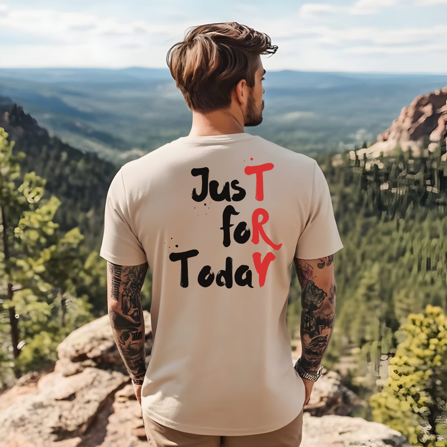 Man wearing a t-shirt with 'Just for Today' text in a scenic outdoor setting