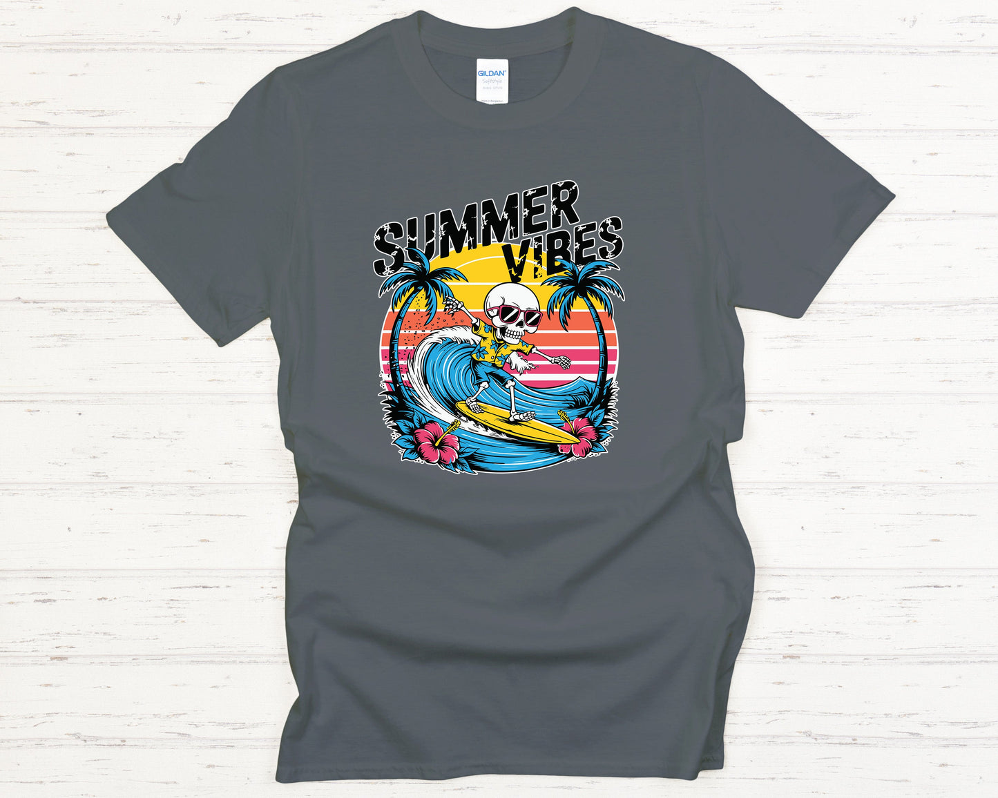 Skeleton Surfer Graphic Tee - Summer Vibes Tropical Beach Sunset Shirt, Retro Wave Beachwear Gift, Casual Surf T-Shirt