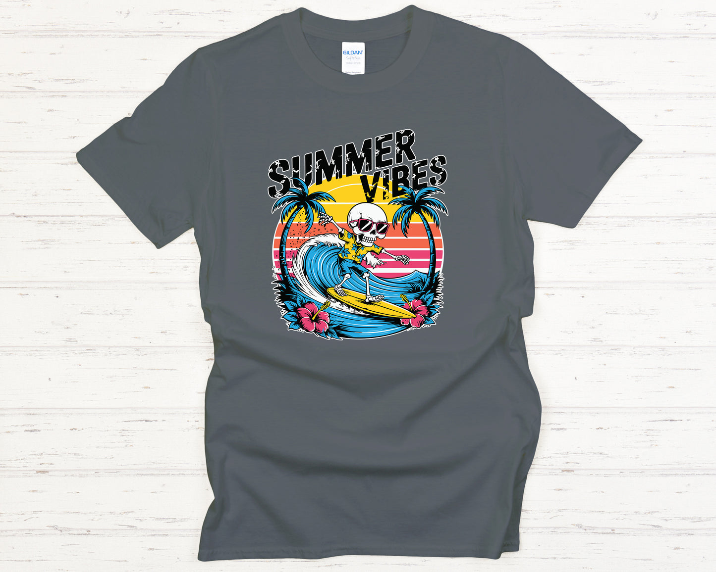 Skeleton Surfer Graphic Tee - Summer Vibes Tropical Beach Sunset Shirt, Retro Wave Beachwear Gift, Casual Surf T-Shirt