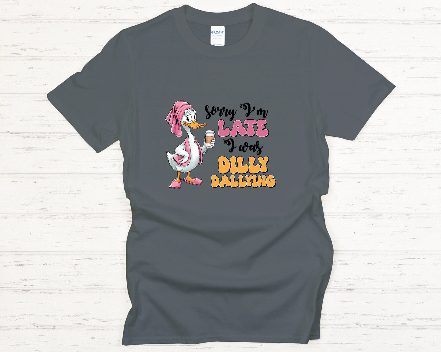 Funny Cartoon Duck T-Shirt, Cute Coffee Lover Graphic Tee, Cozy Morning Humor Shirt, Animal Gift for Coffee Fans, Dilly Dallying