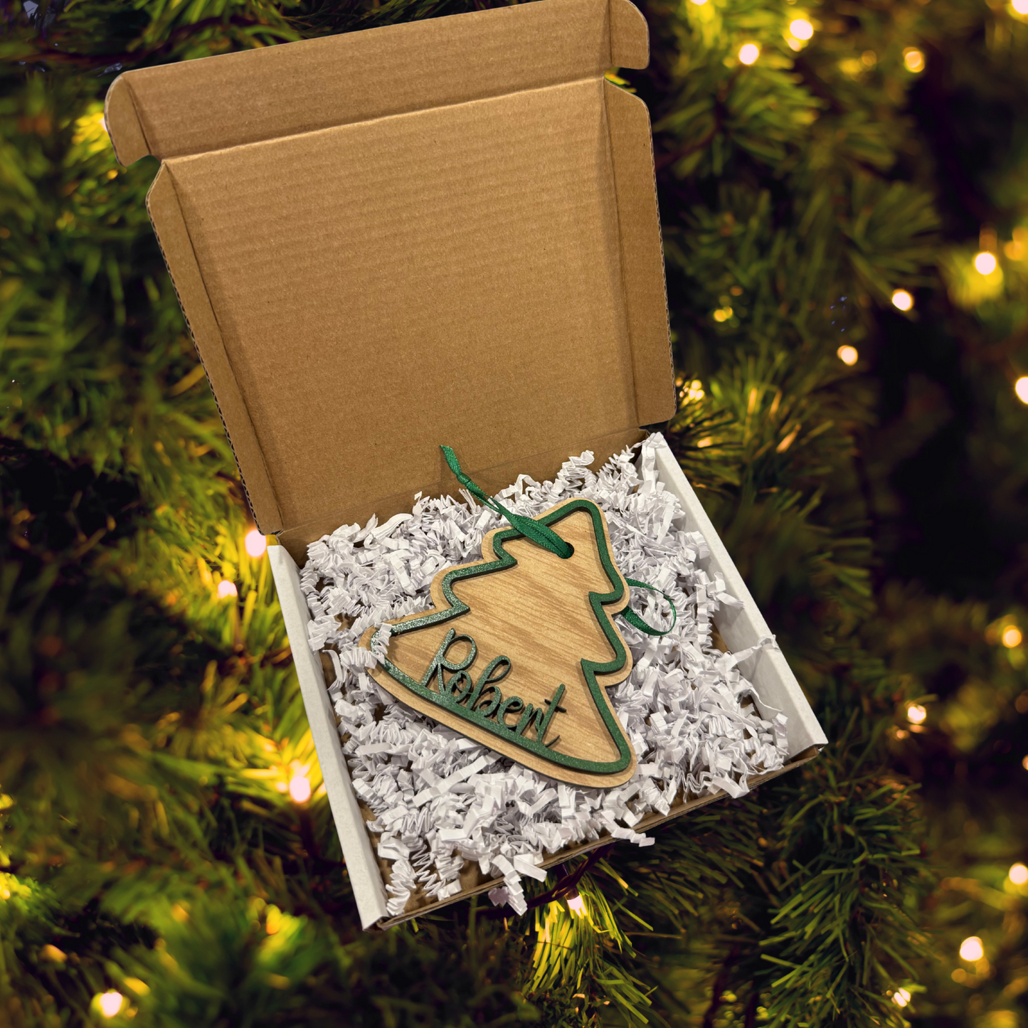 Personalized Wooden Ornament:  Christmas Tree, Laser Cut, Custom Name, Family Ornament