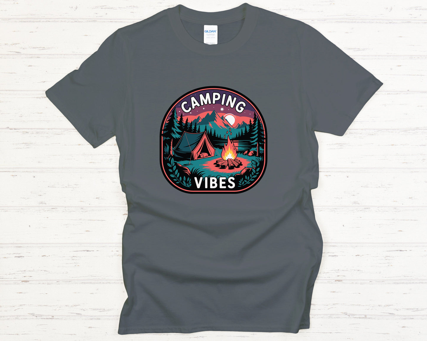 Camping Vibes T-Shirt Retro Outdoor Adventure Graphic Tee Cozy Campfire Shirt Nature Lover Gift