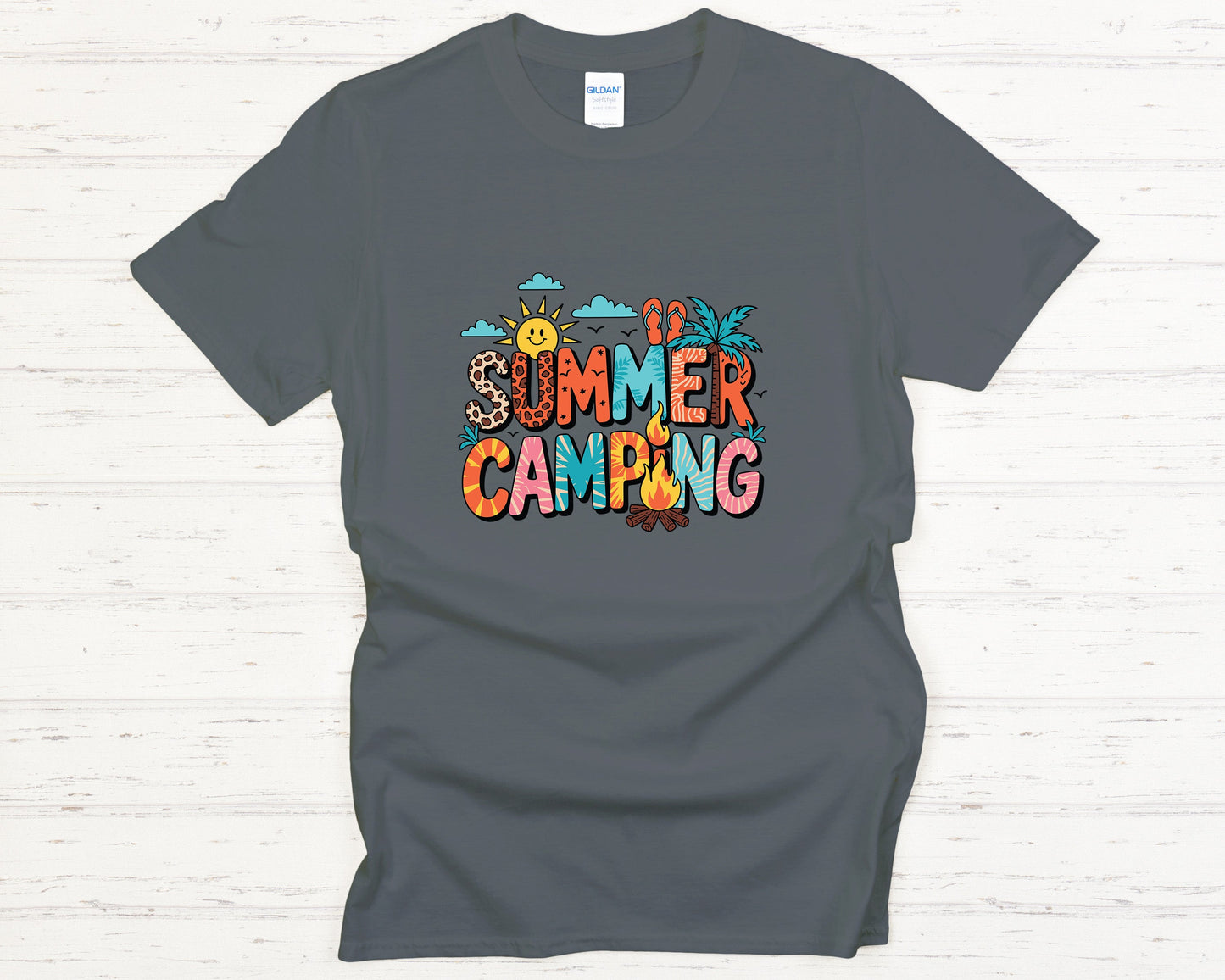 Summer Camping T-Shirt Cute Leopard Print & Tropical Graphic Tee, Outdoor Adventure Shirt, Campfire Lover Gift