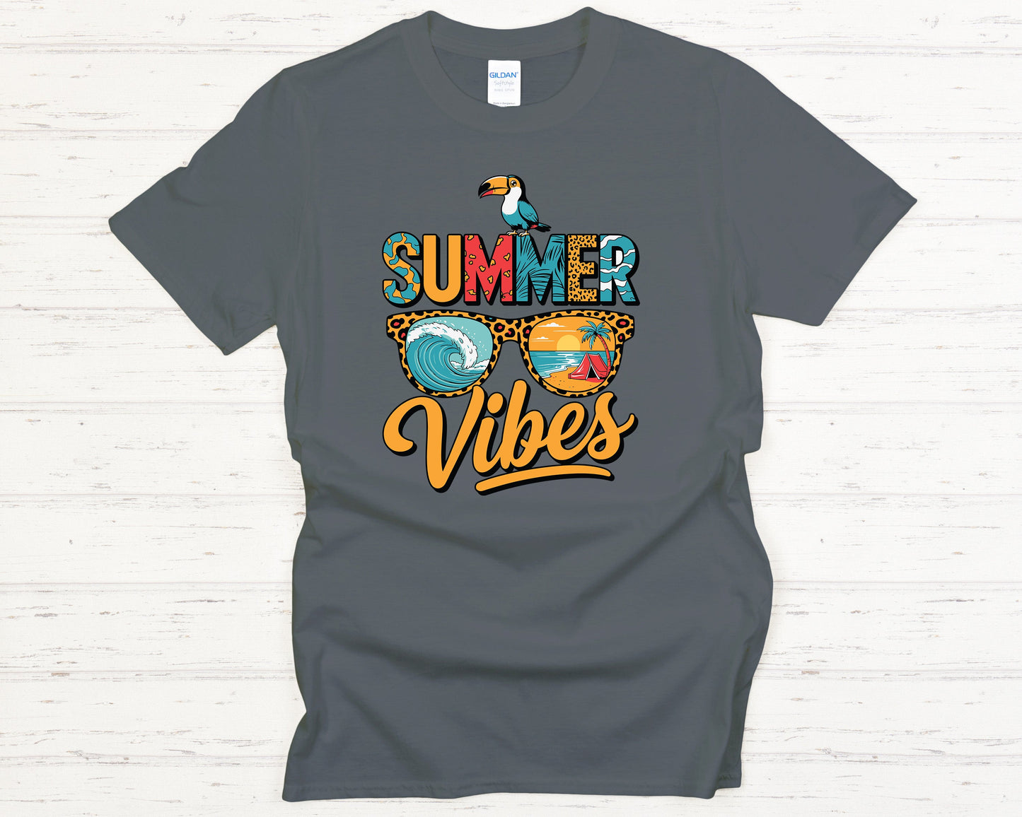 Summer Vibes Tropical T-Shirt - Colorful Beach Graphic Tee, Toucan & Ocean Wave Design, Fun Vacation Outfi