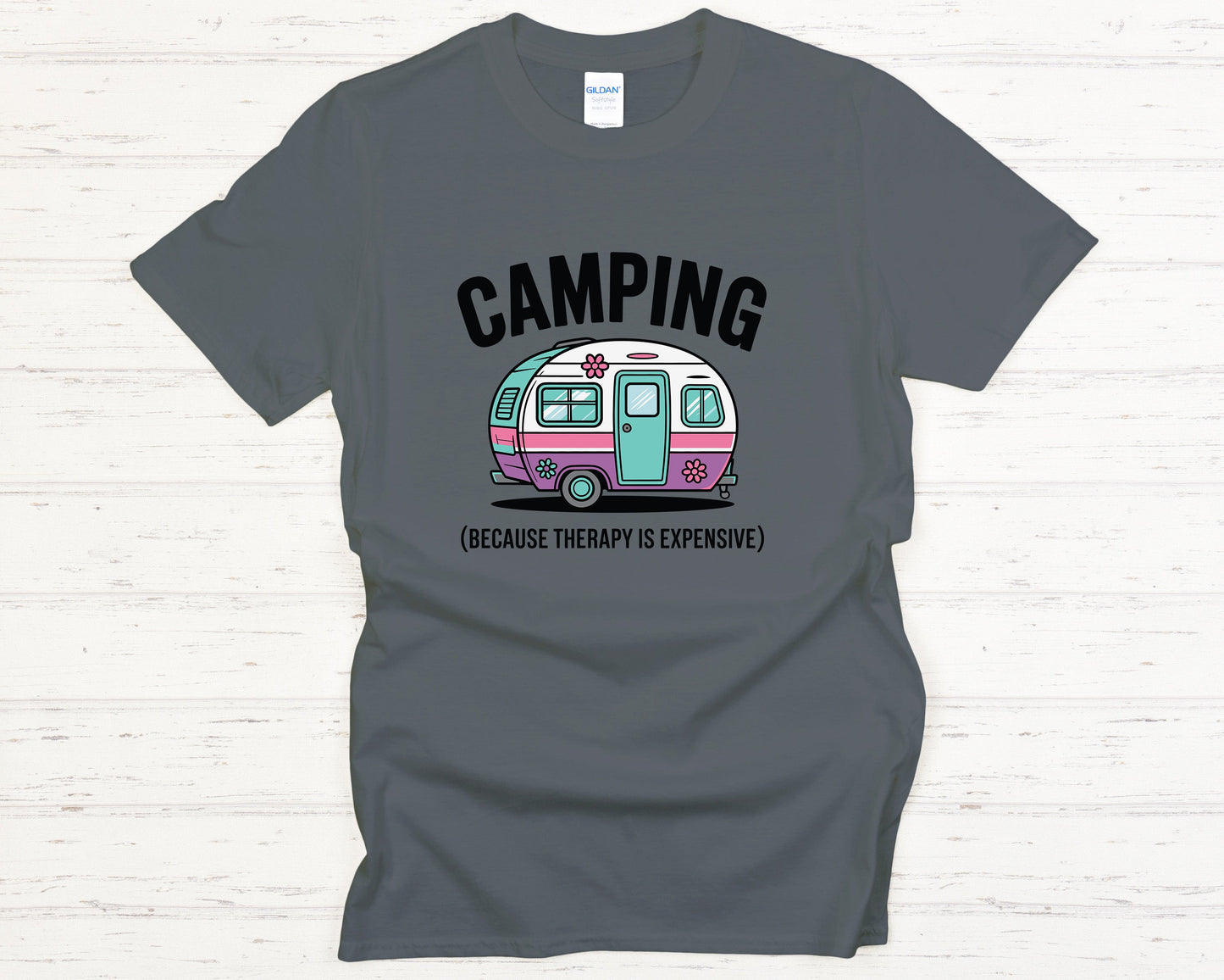 Camping Therapy T-Shirt - Funny Retro Camper Graphic Tee, Outdoor Adventure Shirt, Nature Lover Gift for Hikers & Campers