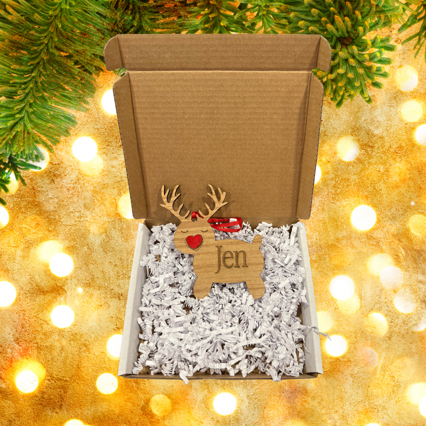 Christmas Reindeer Heart Wood Ornament:  Personalized Family, Custom Name, 2025 Ornament