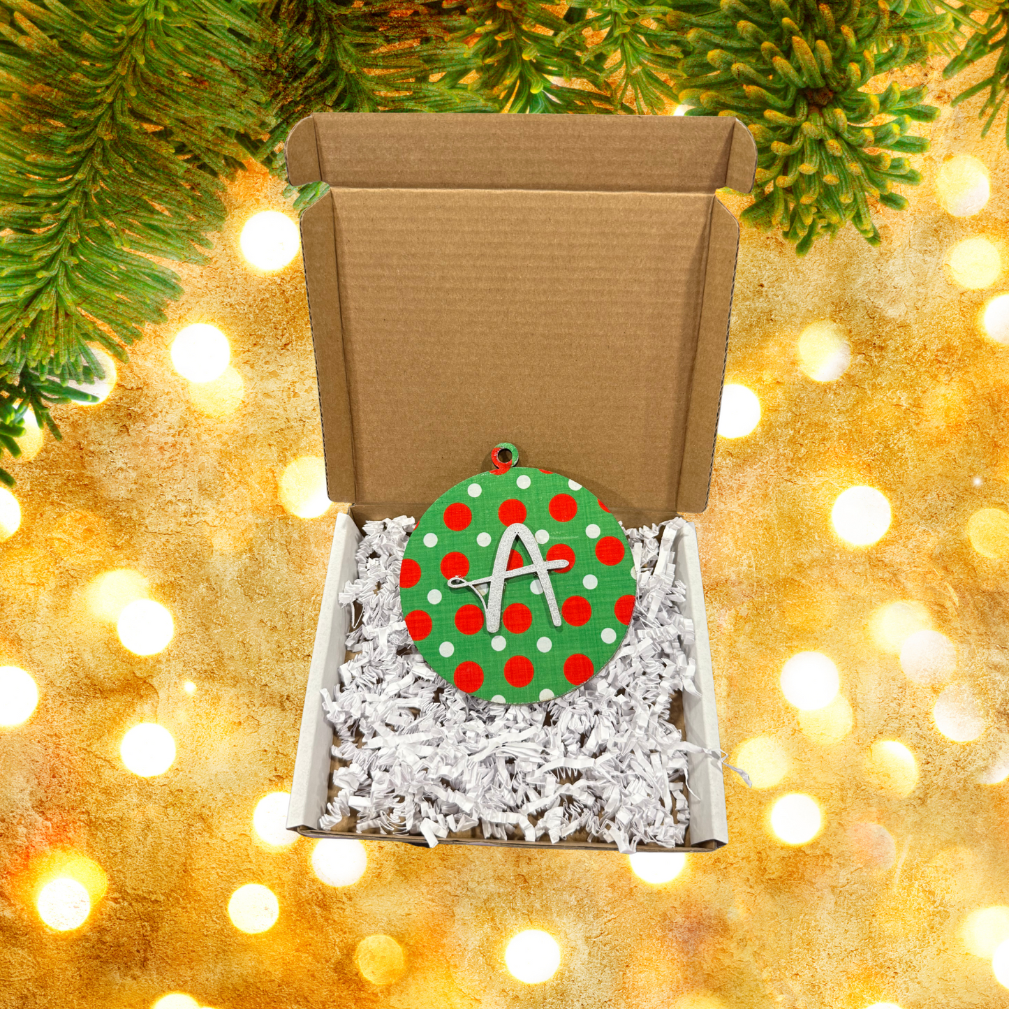 Christmas Polka Dot Round  Bell Wood Ornament:  Personalized Family, Custom Name, 2025 Ornament Personalizable Initial