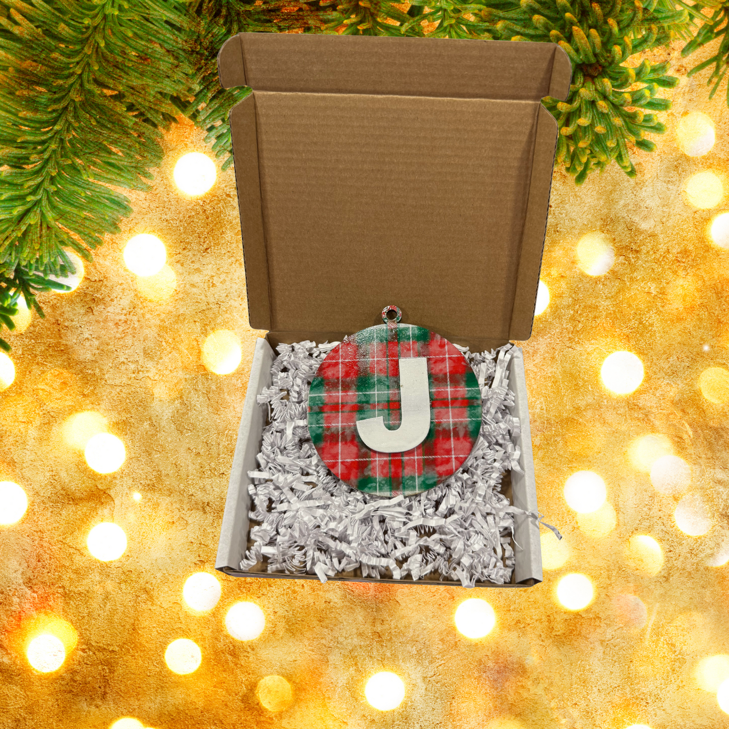 Christmas Plaid Round  Bell Wood Ornament:  Personalized Family, Custom Name, 2025 Ornament Personalizable Initial