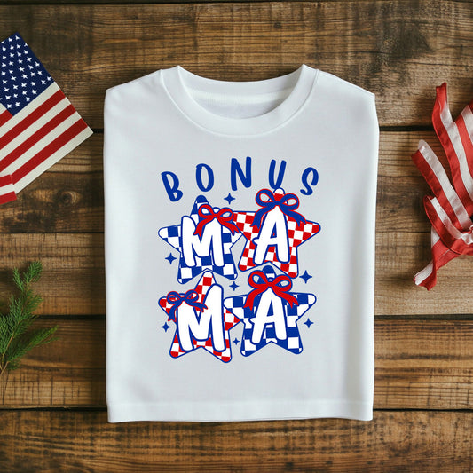 Fourth of July Bonus Mama T-Shirt - Cute Patriotic Checkered Bow Graphic Tee for Women Independence Day Shirt