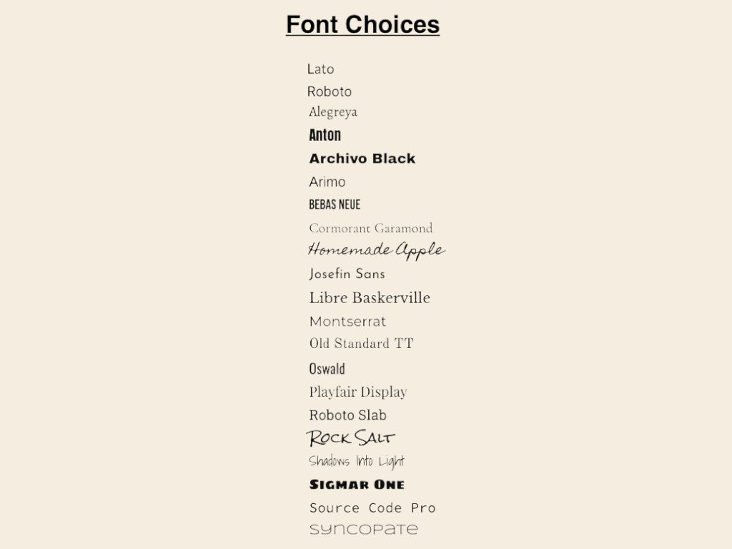 List of font choices on a beige background