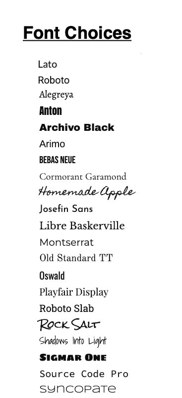 List of font choices on a white background