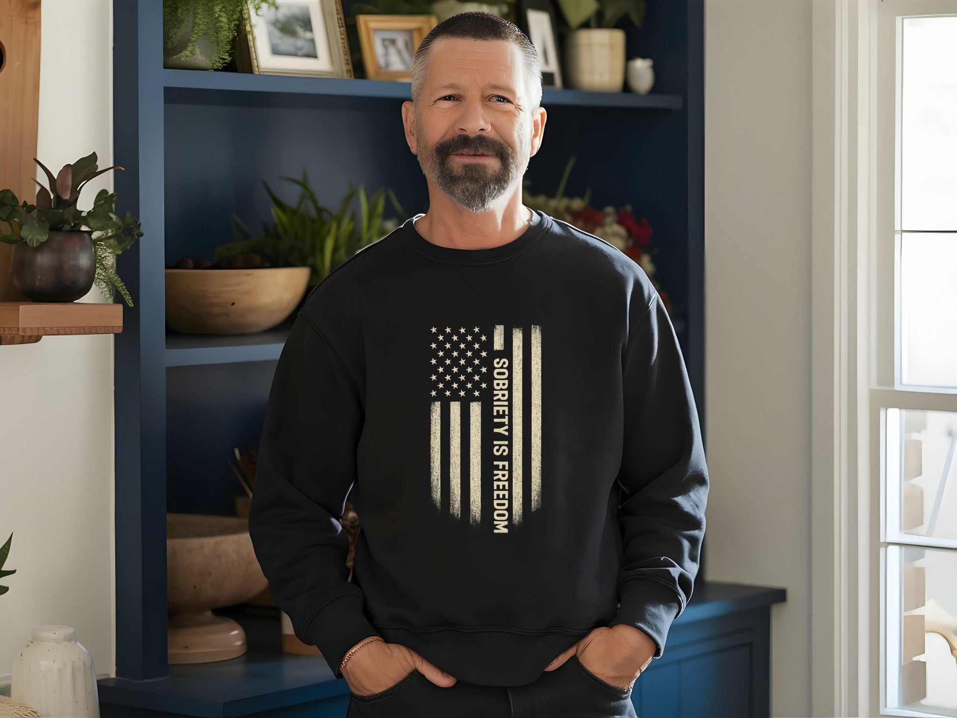 Man wearing a black sweatshirt with a 'Sobriety is Freedom' design in a room with a blue bookshelf and plants.