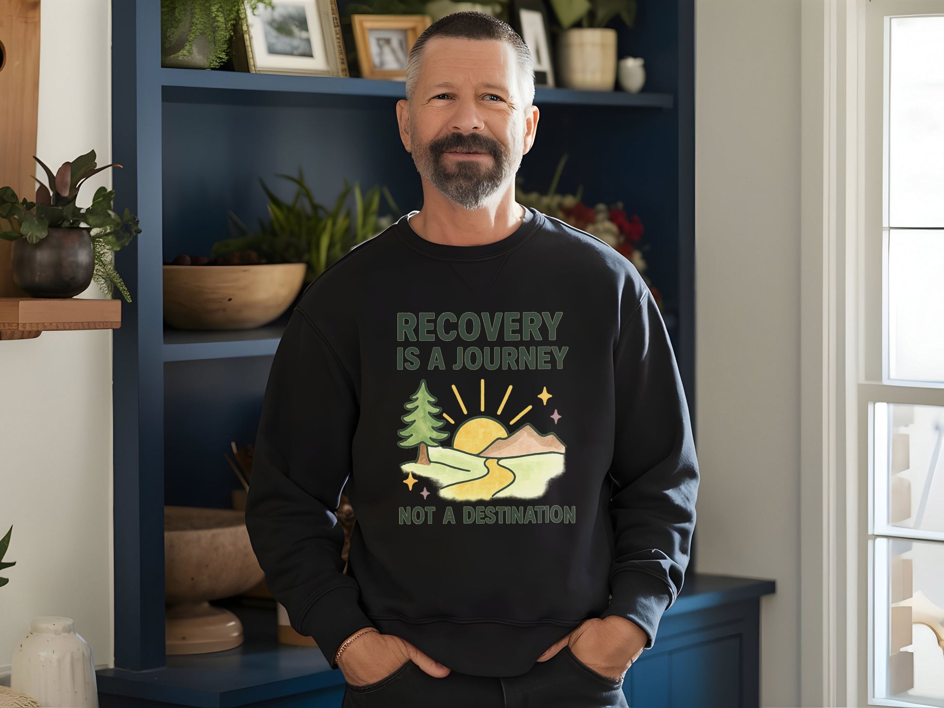 Man wearing a black sweatshirt with 'Recovery is a Journey, Not a Destination' in a home setting