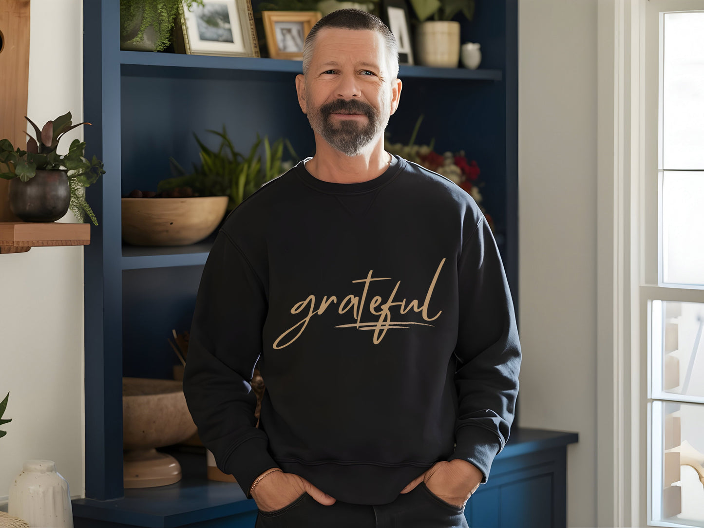 Man wearing a black sweatshirt with 'Be grateful for today' text in a home setting