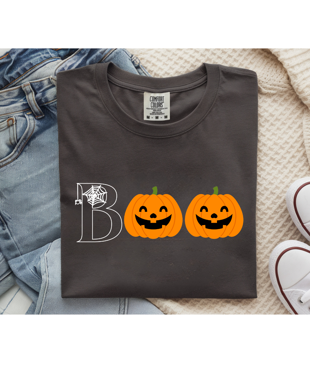 Comfort Colors Halloween T-Shirt – Spider Web Boo Design – Fall Graphic Tee – Spooky Season Shirt – Customizable Halloween Apparel