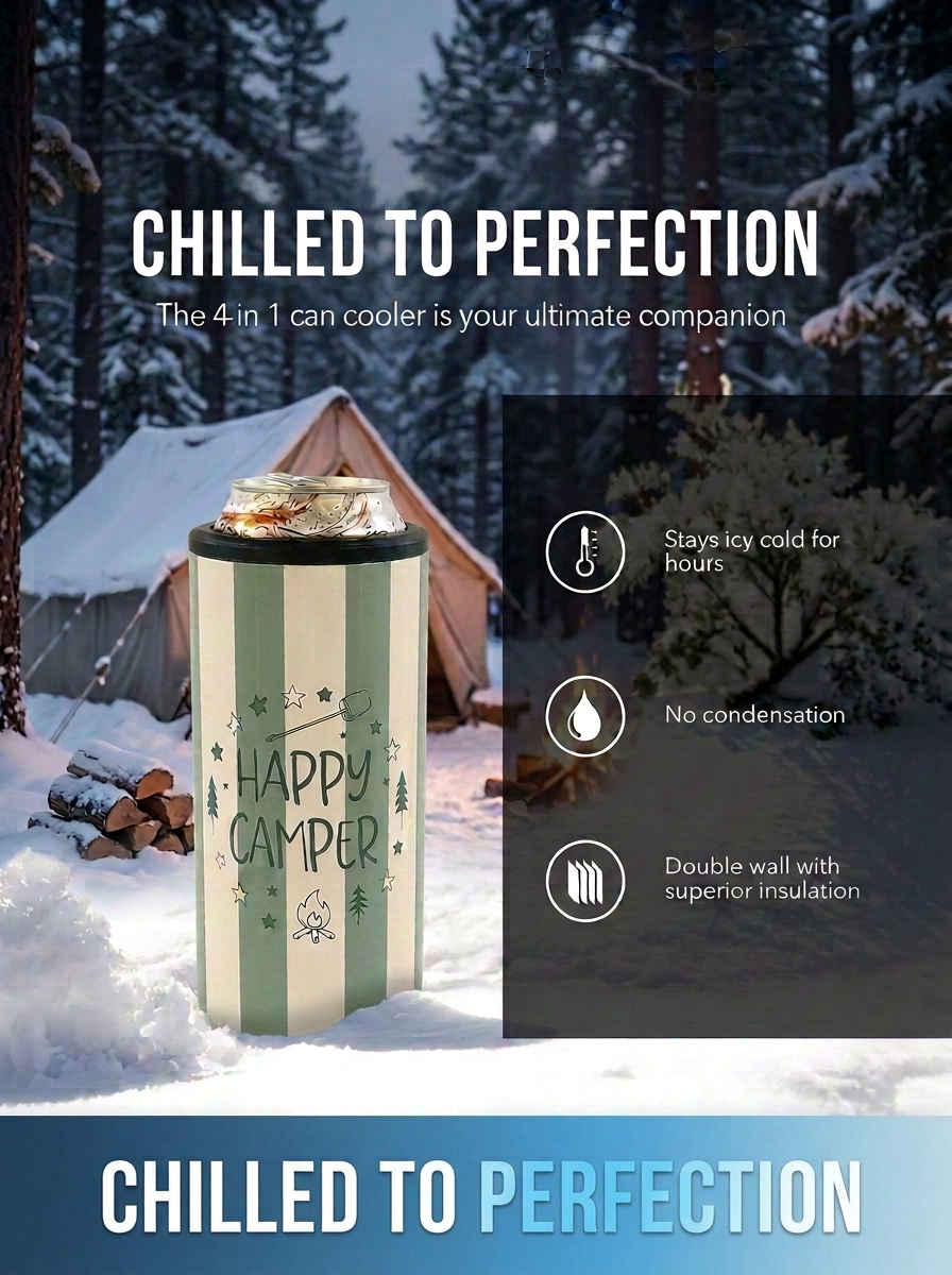 Happy Camper 4-in-1 Insulated Can Cooler Tumbler – Fits Cans, Bottles & Skinny Cans