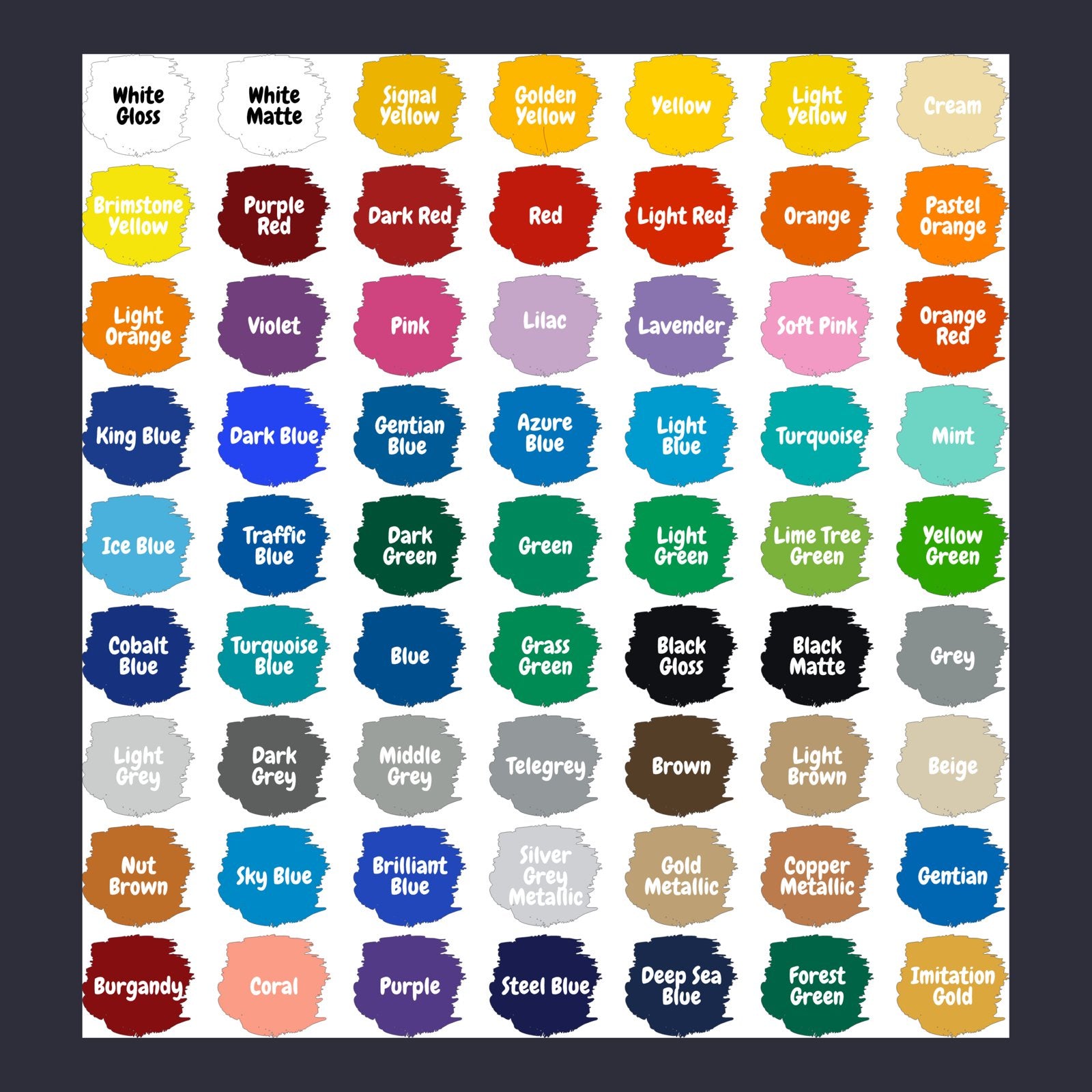 Available vinyl color chart for camper name decal