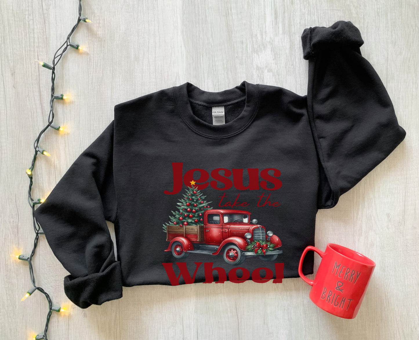 Jesus Take the Wheel Shirt – Christian Christmas Tee – Vintage Truck Holiday Faith Gift