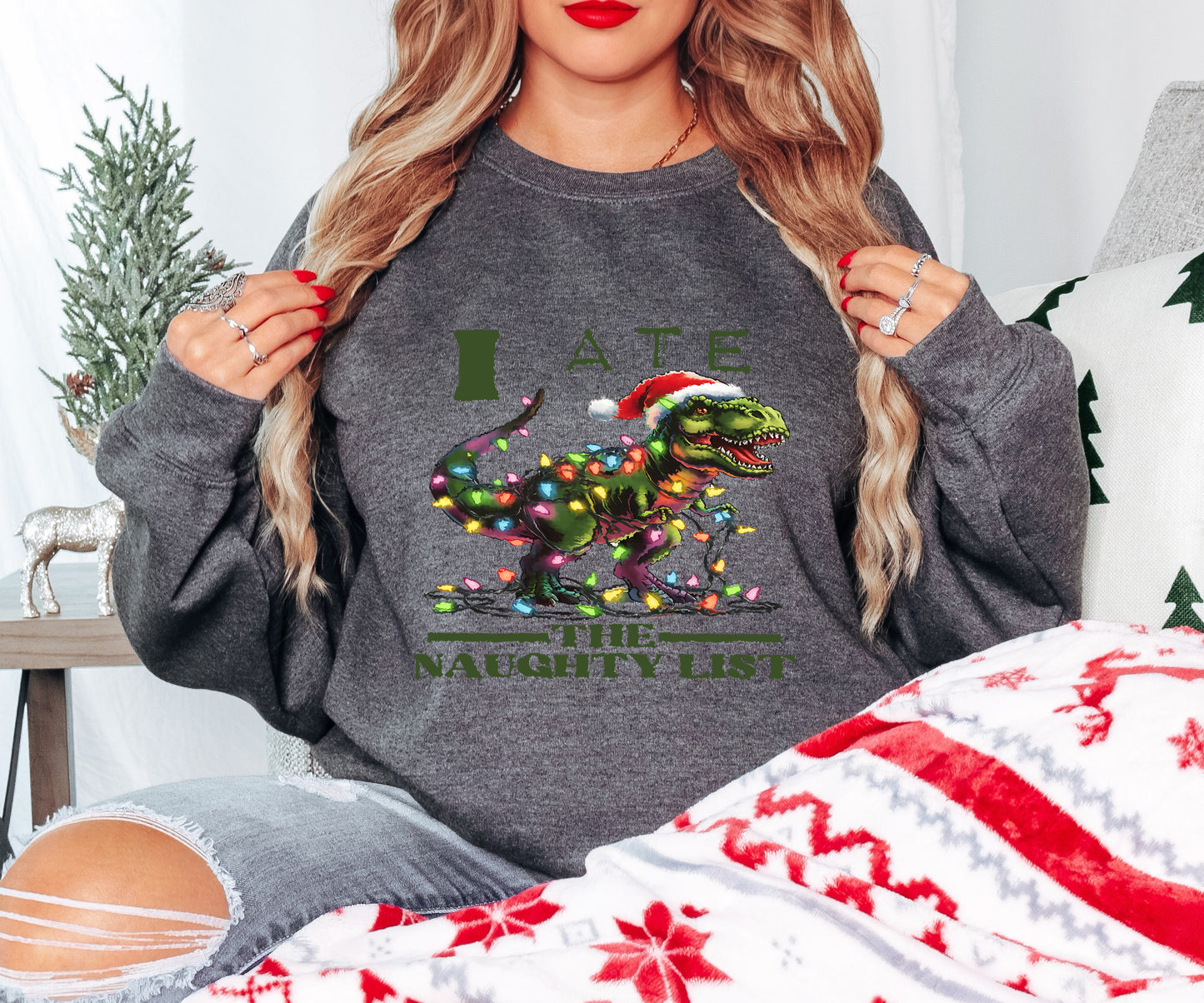 Naughty List Shirt – Dinosaur Xmas Tee – Funny Holiday Top Hoodie, Sweatshirt, Infant, Adult Sizes