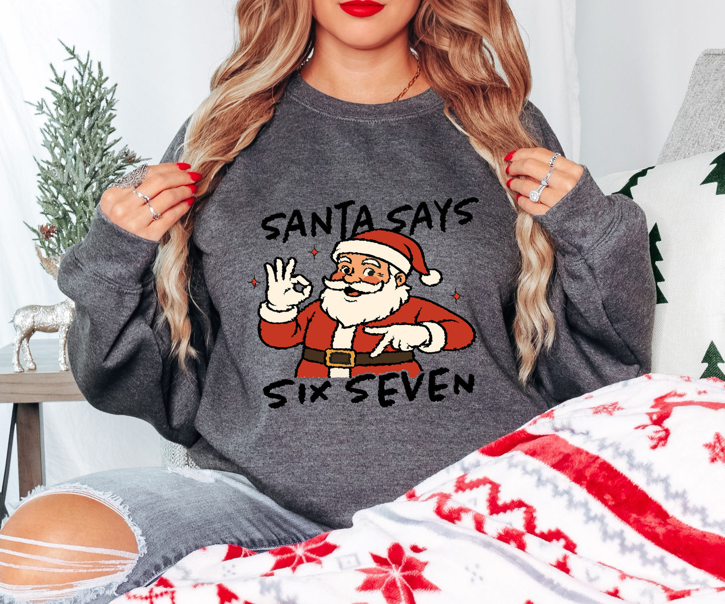 Santa Hand Shirt – Funny Christmas Tee “Santa Says Six Seven” – Hoodie, Youth Sizes Too