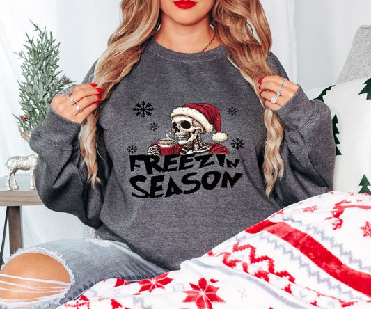 Freezin' Season Skeleton Xmas Shirt Holiday Coffee Top Hoodie Sweatshirt Infant to Adult Sizes