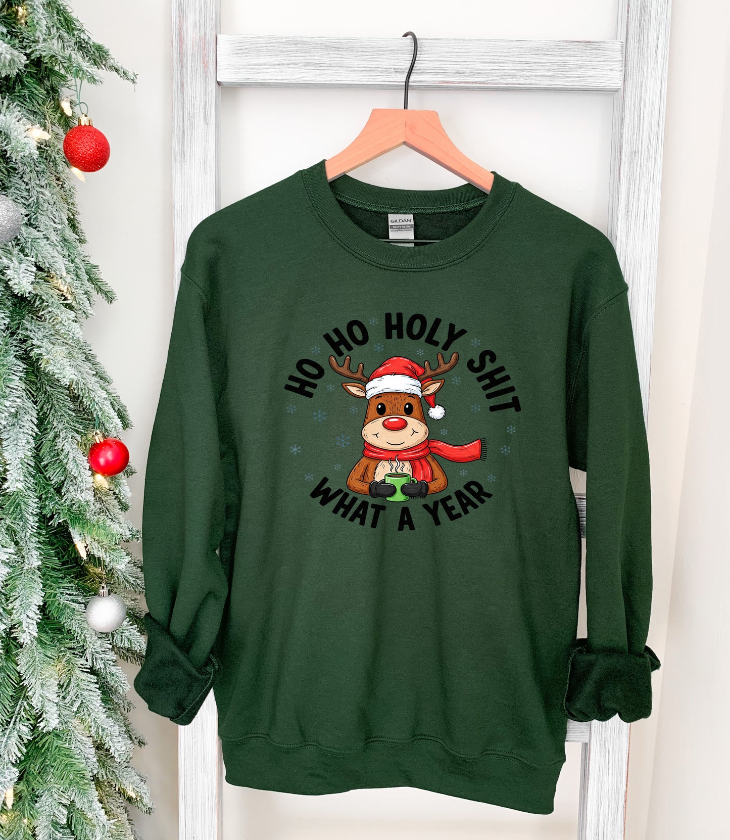 Funny Christmas Shirt – HO HO HOLY SH*T – Holiday Humor Gift – Reindeer Coffee Design