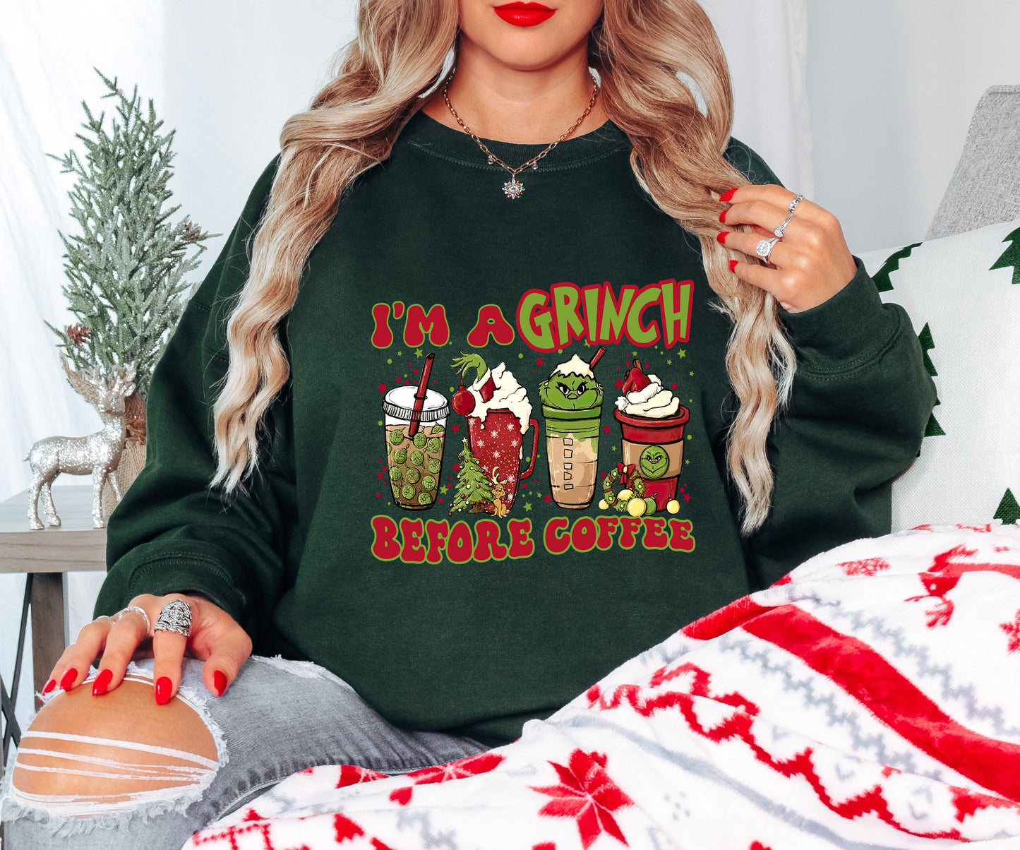 Grinch Coffee Shirt – Funny Holiday Tee – I’m a Grinch Before Coffee – Xmas Drink Design