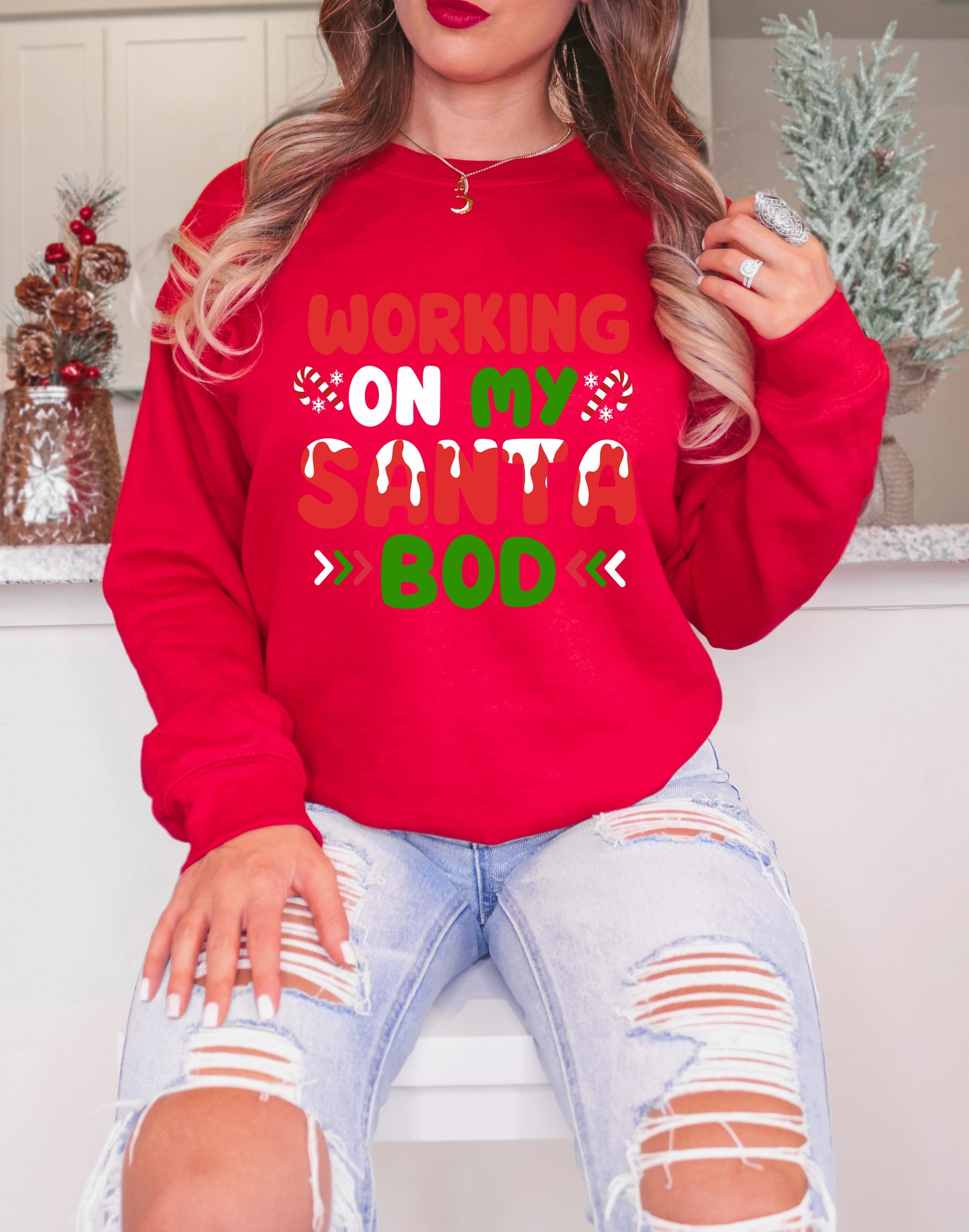 Funny Christmas Shirt – Santa Bod Tee “Working on My Santa Bod” – Hoodie, Youth Sizes Too