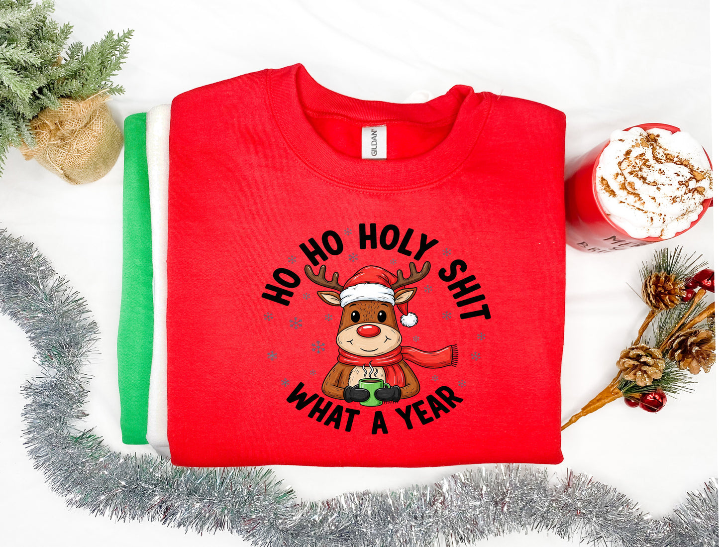 Funny Christmas Shirt – HO HO HOLY SH*T – Holiday Humor Gift – Reindeer Coffee Design