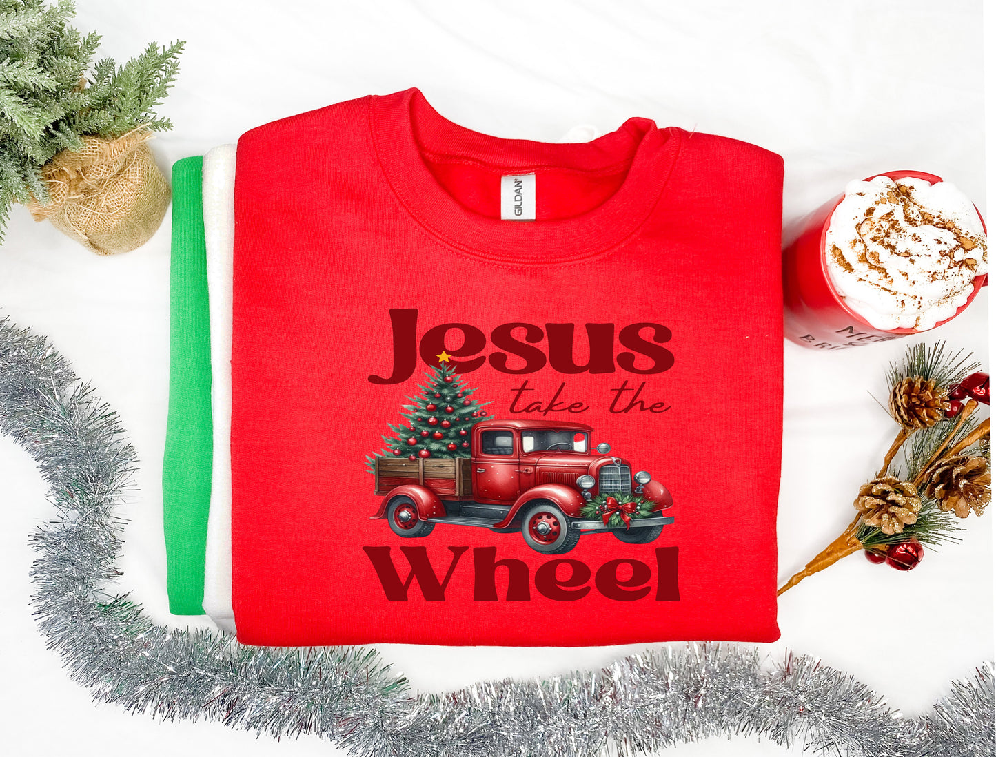 Jesus Take the Wheel Shirt – Christian Christmas Tee – Vintage Truck Holiday Faith Gift
